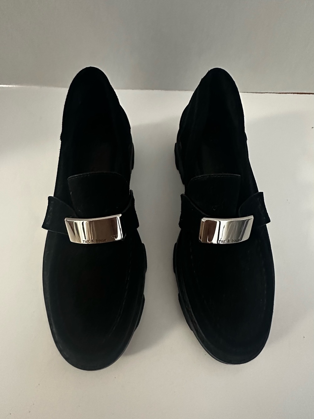 rag & bone Women Black Suede Loafers with Silver Accent